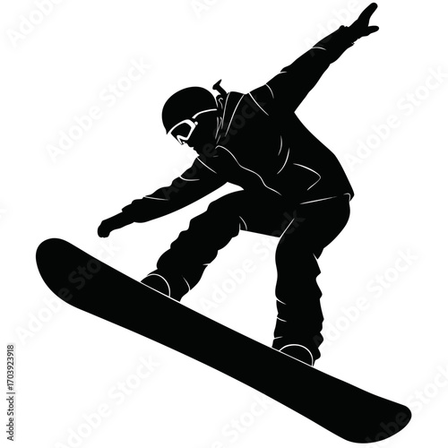 Dynamic silhouette of a snowboarder performing a trick mid air against a clean white background