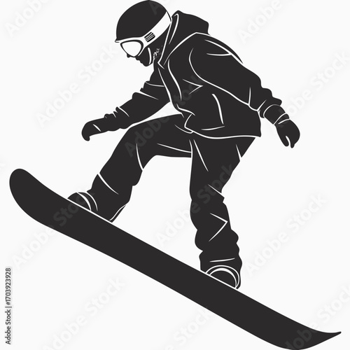 Silhouette of a snowboarder in action on a snowboard wearing helmet and goggles mid air jump or carving on a slope