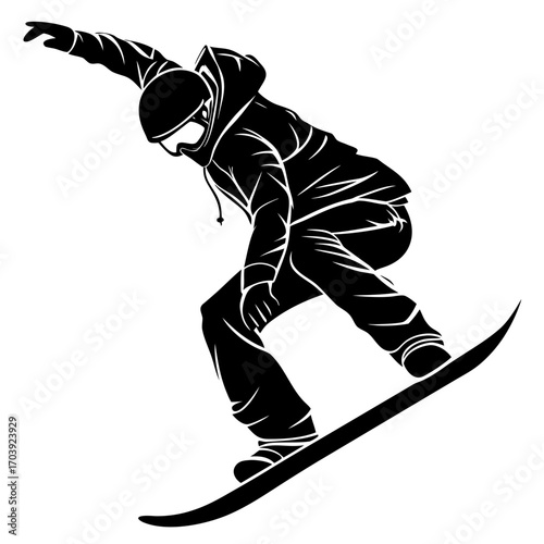 Dynamic silhouette of a snowboarder performing a trick on a snowy slope captured in a bold black and white graphic style