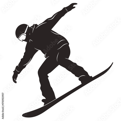 Dynamic silhouette of a snowboarder carving down a snowy slope in mid action
