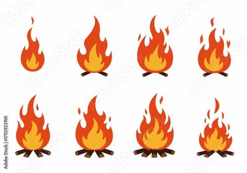 Flat design bonfire and campfire illustration set with varying flame shapes on wood logs, perfect for outdoor, camping, and warmth-related themes.