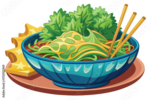 Vibrant Illustration of Noodle Dish with Chopsticks Featuring Fresh Greens and Playful Star Shaped Accompaniment on a Round Plate