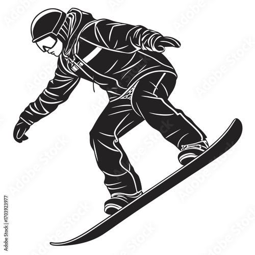 Dynamic black and white silhouette of a snowboarder in action on a white background