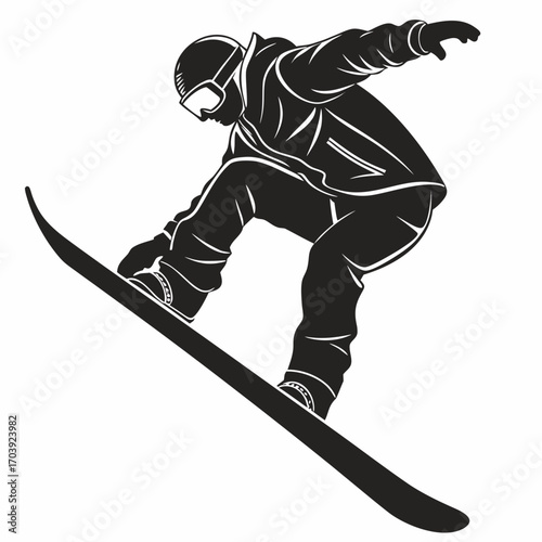 Dynamic silhouette of a snowboarder in action performing a trick on a snowboard against a white background