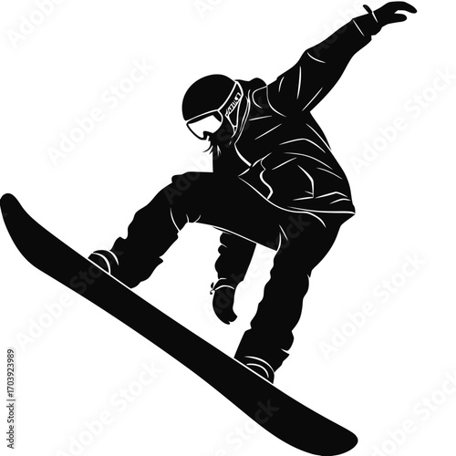 Dynamic silhouette of a snowboarder performing an aerial jump with snowboard mid air against a white background