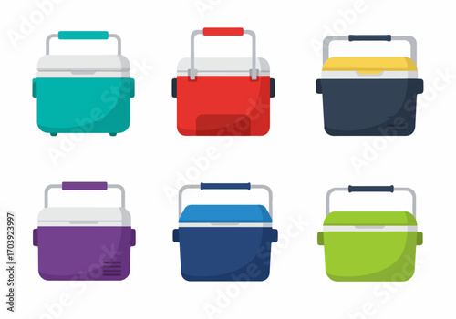 Colorful flat design portable cooler boxes for picnics and outdoor activities, isolated on white background, offering a variety of options.