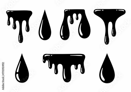 Collection of Black Dripping Liquid Shapes and Teardrops on White Background, Perfect for Graphic Design Elements