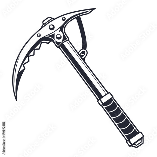 A stylized black and white illustration of a modern ice axe with a curved pick and textured grip for climbing and mountaineering adventures