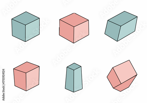 Minimalist flat design 3D geometric shapes collection. Abstract outlined cubes and cuboids in pastel teal and coral on white background for modern graphic projects.