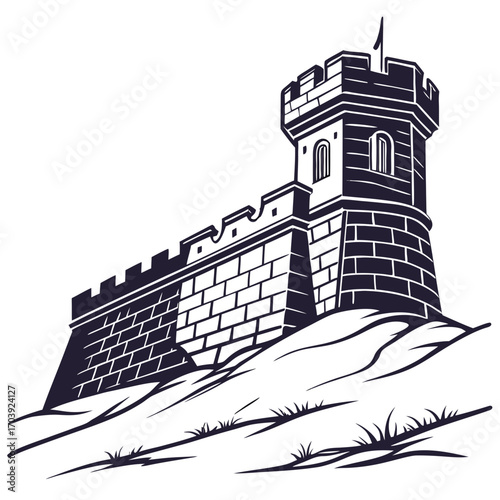A strong stone fortress with battlements and a tower stands guard on a grassy hill under a white sky