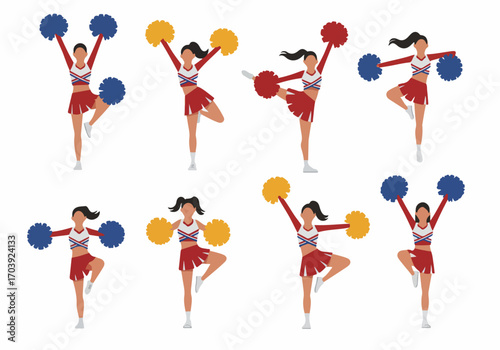 Collection of Dynamic Cheerleader Illustrations in Various Poses with Colorful Pom-Poms, Showcasing Energy and School Spirit in Flat Design.