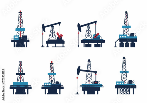Flat vector icons of oil rigs, drilling platforms, and pumpjacks. A collection of stylized illustrations representing the oil and gas industry.