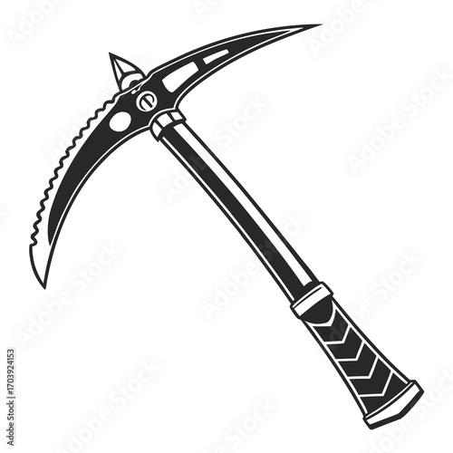 A stylized black and white illustration of an ice axe with a sharp pick and a serrated adze for climbing and mountaineering