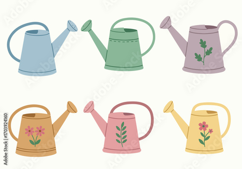 Collection of Six Pastel-Colored Watering Cans with Floral and Leaf Designs for Gardening and Home Decor, a Charming Illustration on White Background
