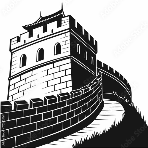 Iconic black and white illustration of the great wall of china with a watchtower and battlements against a white background