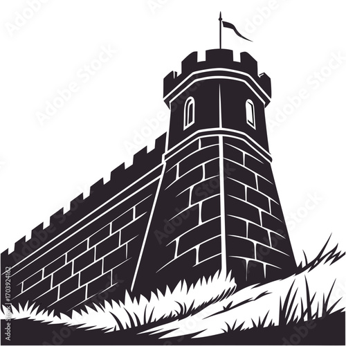 A striking black and white illustration of a medieval castle tower with crenellated battlements and a flag flying high against a clean white background