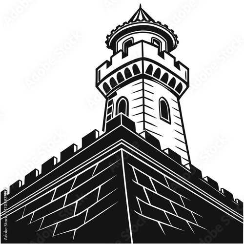 A dramatic black and white illustration of a medieval stone watchtower with crenellated battlements viewed from a low angle against a white background