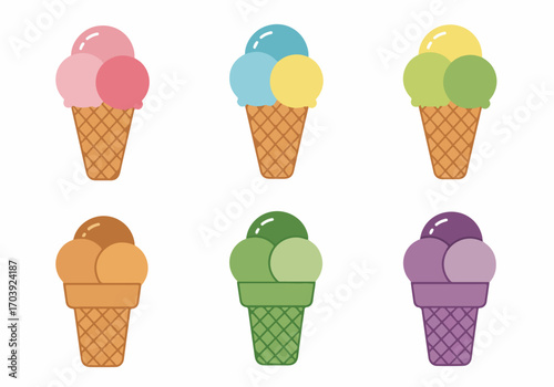 Collection of Six Colorful Ice Cream Cones with Multiple Scoops in a Flat Design Style, Perfect for Summer Treats and Dessert Concepts