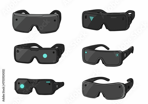 Collection of various augmented reality and virtual reality smart glasses designs, showcasing futuristic wearable technology headsets for immersive digital experiences and innovation.