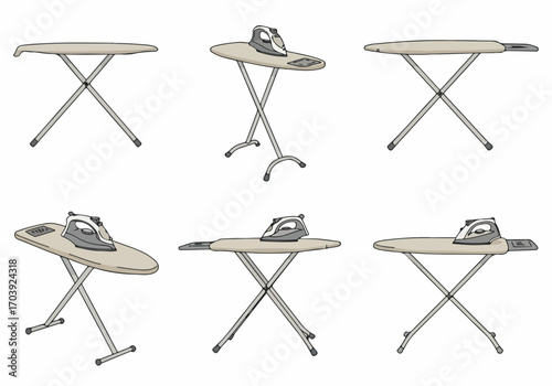 Illustrations of Various Ironing Boards and Electric Irons, Essential Household Items for Laundry Chores, Isolated on White Background