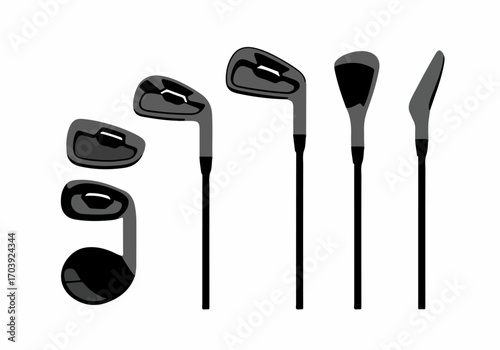 Modern vector illustration of various golf clubs, including irons and a wood, in a minimalist black and grey design on a clean white background.