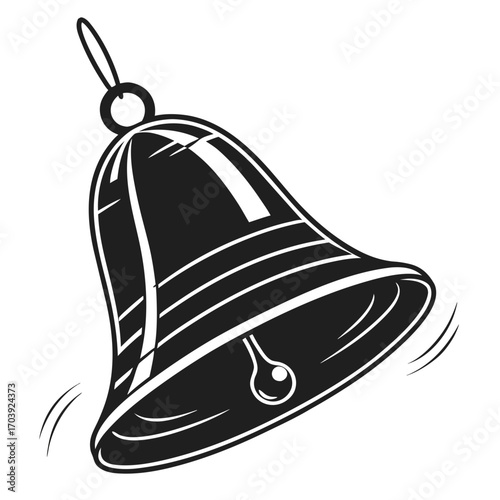A classic black and white illustration of a ringing bell with motion lines indicating sound and vibration