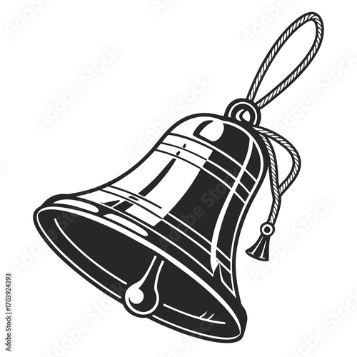 A classic black and white illustration of a hand bell with a rope handle and a tassel isolated on a white background