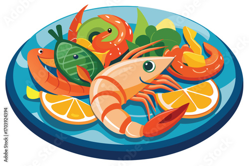 Colorful Plate of Seafood and Fruits Delicious Culinary Composition Depicting a Vibrant Meal with Lobster and Tropical Delights