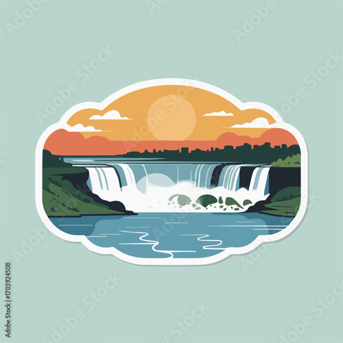 A picturesque sticker showcasing the majestic niagara falls at sunset, with cascading water, lush greenery, and a vibrant sky, capturing the beauty of this natural wonder