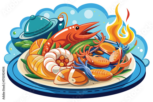 Colorful Plate of Seafood and Fruits Delicious Culinary Composition Depicting a Vibrant Meal with Lobster and Tropical Delights