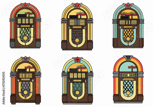 Colorful Vintage Jukebox Collection: Retro Music Machine Illustrations Set