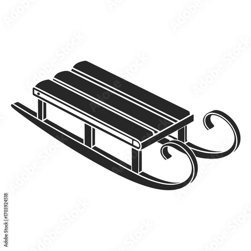 A classic wooden sled with curved runners and a slatted seat depicted in a simple black silhouette against a white background perfect for winter fun and outdoor activities