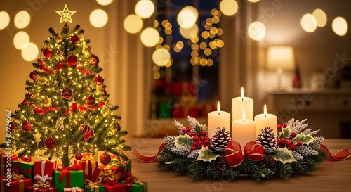 Warm and Cozy Christmas Scene with Lit Tree and Advent Wreath Candles.