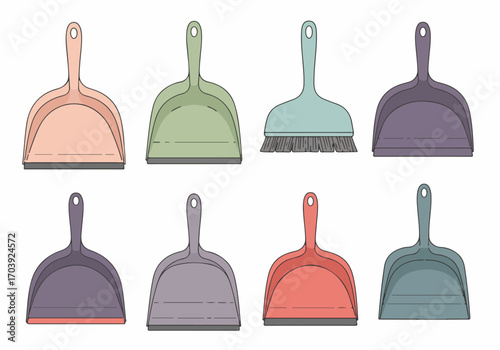 Colorful set of vector dustpans, including one with a brush, for home and office cleaning, isolated on white.