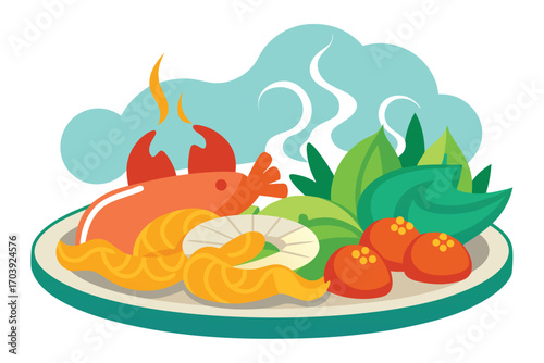 Colorful Plate of Seafood and Fruits Delicious Culinary Composition Depicting a Vibrant Meal with Lobster and Tropical Delights