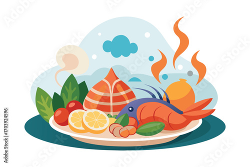 Colorful Plate of Seafood and Fruits Delicious Culinary Composition Depicting a Vibrant Meal with Lobster and Tropical Delights