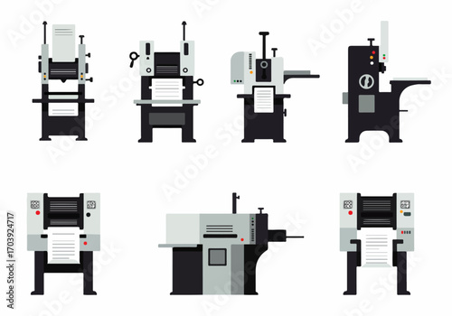 Vector Illustration Set of Industrial Printing and Paper Processing Machines in Flat Design Style, Ideal for Manufacturing and Production Concepts.