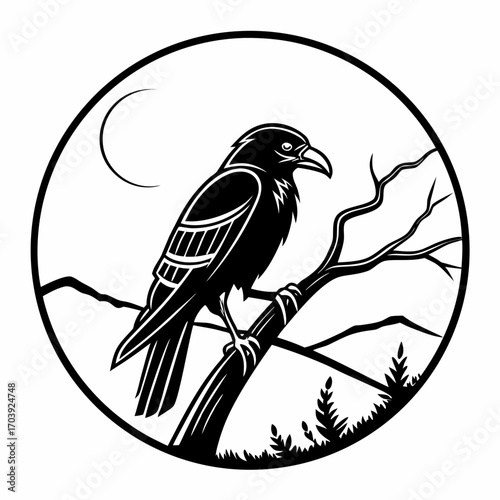 Stylized black silhouette of a raven perched on a bare tree branch under a crescent moon and night sky within a circular frame
