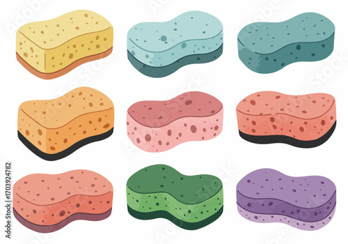 Colorful cartoon cleaning sponges set for household chores and kitchen washing. Vector illustration of various multi-layered foam scrubbers in vibrant hues for hygiene and dishwashing.