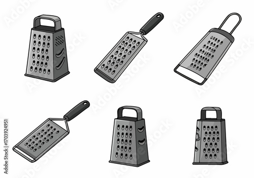 Set of cartoon kitchen graters, including box graters and flat graters, essential culinary tools for food preparation, isolated vector illustration.