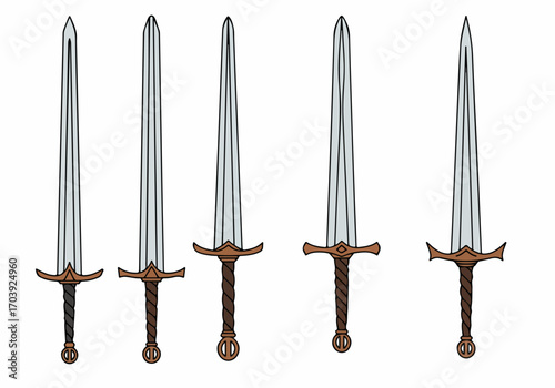 Cartoon set of five medieval fantasy swords with brown hilts and light grey blades on a white background, ideal for gaming and adventure designs.