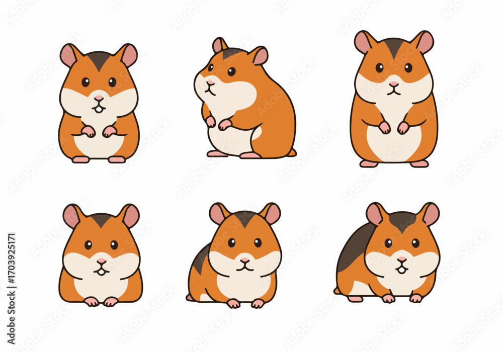 Fototapeta premium Cute cartoon hamsters illustration set in various poses, isolated on a white background, perfect for children's designs and pet-related content.