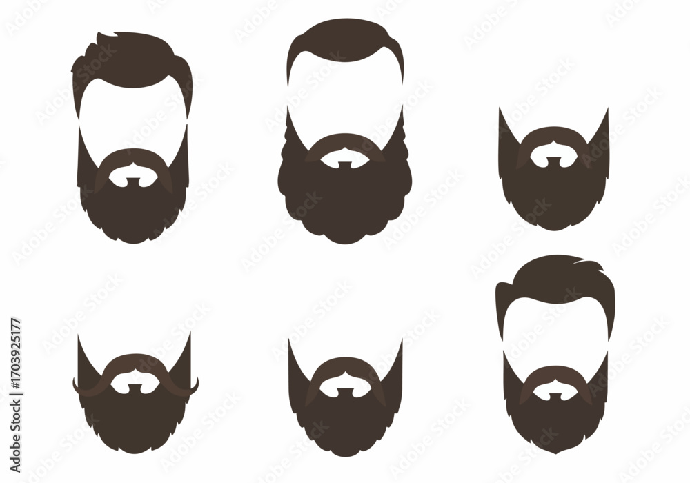 Obraz premium Collection of diverse male beard and hair styles in flat design illustration on white background, showcasing various fashionable grooming options for men.