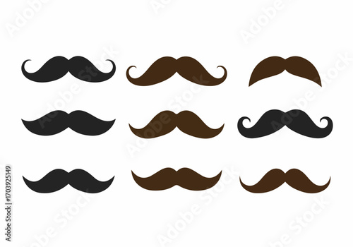 A diverse collection of black and brown mustache styles, including vintage and curly designs, perfect for costume themes and graphic elements.