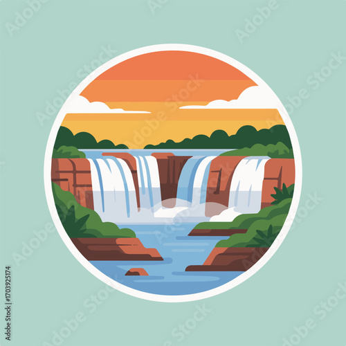 Majestic waterfall cascading down rocky cliffs under a vibrant sunset sky, surrounded by lush greenery, creating a serene and picturesque natural landscape in a circle
