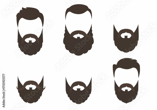 Collection of diverse male beard and hair styles in flat design illustration on white background, showcasing various fashionable grooming options for men.