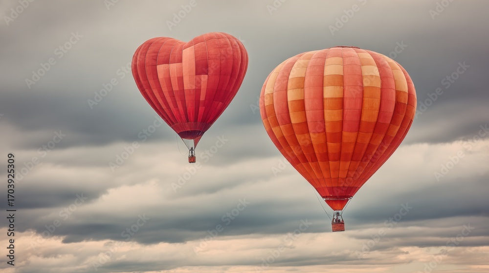 Obraz premium Two vibrant hot air balloons, one shaped like a heart, glide through a cloudy sky during a festival. The colors pop against the solemn backdrop, creating a stunning visual display.
