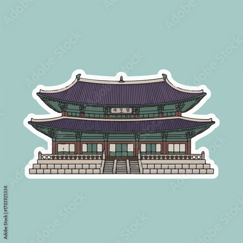 Detailed illustration of a traditional korean palace with intricate architectural details, showcasing the beauty and cultural heritage of korean architecture in a sticker style