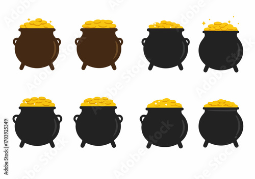 Collection of Cartoon Pots of Gold with Shimmering Coins - Wealth, Luck, and St. Patrick's Day Treasure Icon Set on White Background
