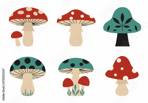Whimsical cartoon mushroom collection featuring red and teal fungi with spots and leaves, perfect for nature-inspired designs and fantasy illustrations.